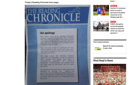 Front page apology and editor suspended at Reading Chronicle over piece linking Hillsborough to hooliganism